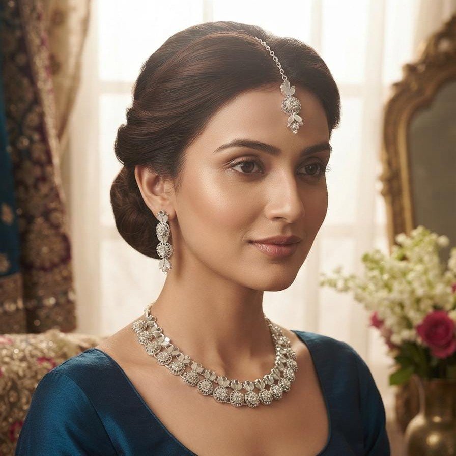 Shubh Shringar Floral Crystal Choker Necklace Set - Silver Plated Bridal Jewelry Set with Earrings & Pendant in Premium Gift Box